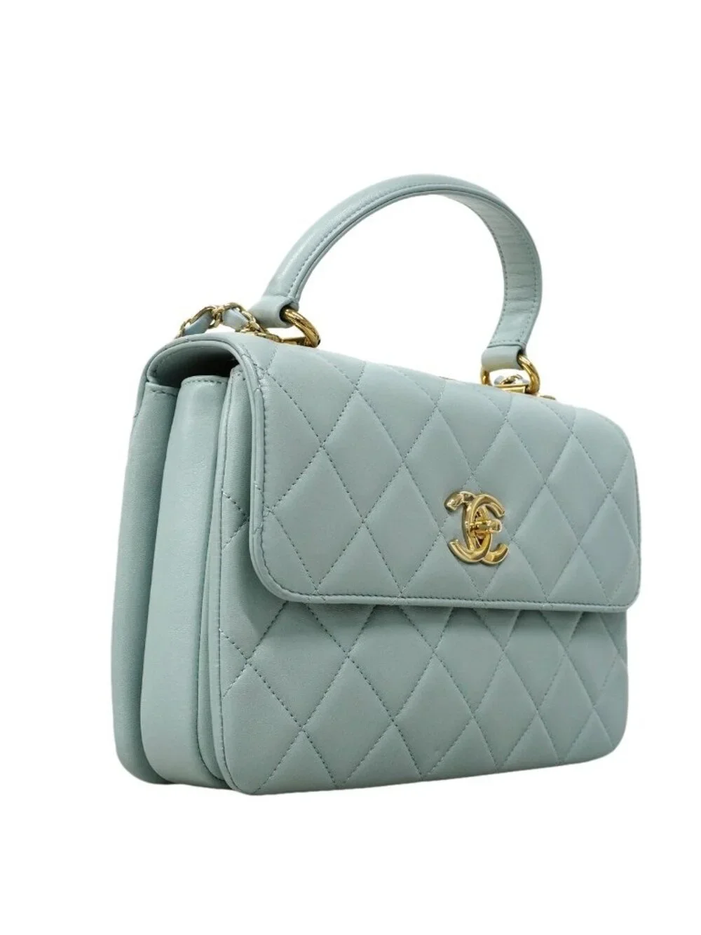 Chanel Handbag Quilted Lambskin Light Blue Champagne Gold 2-Way